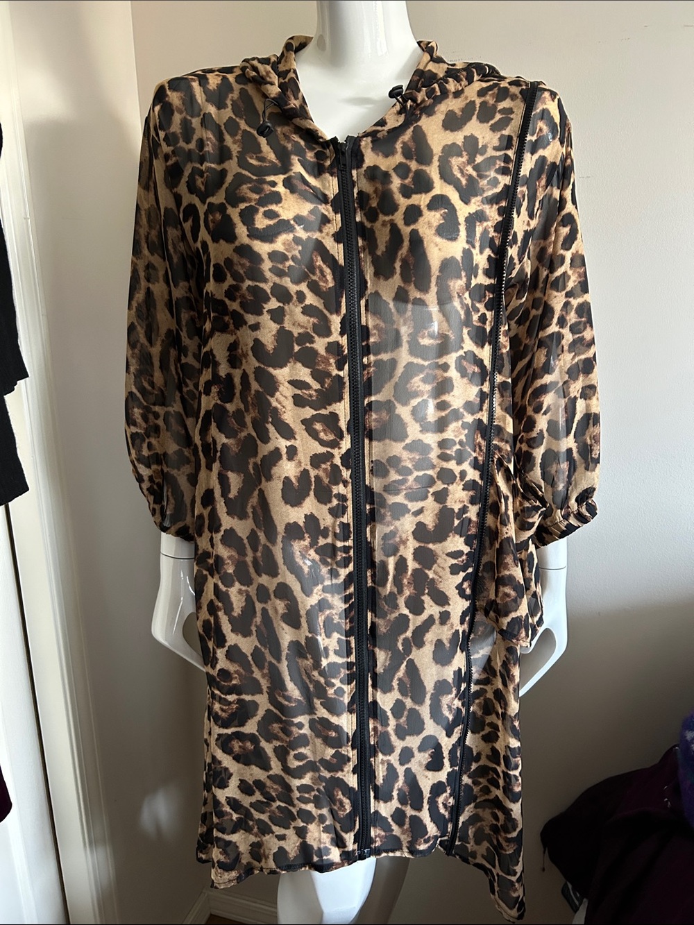 Kate Hewko Leopard Print Hooded Sheer Zip Up Jacket 0/S